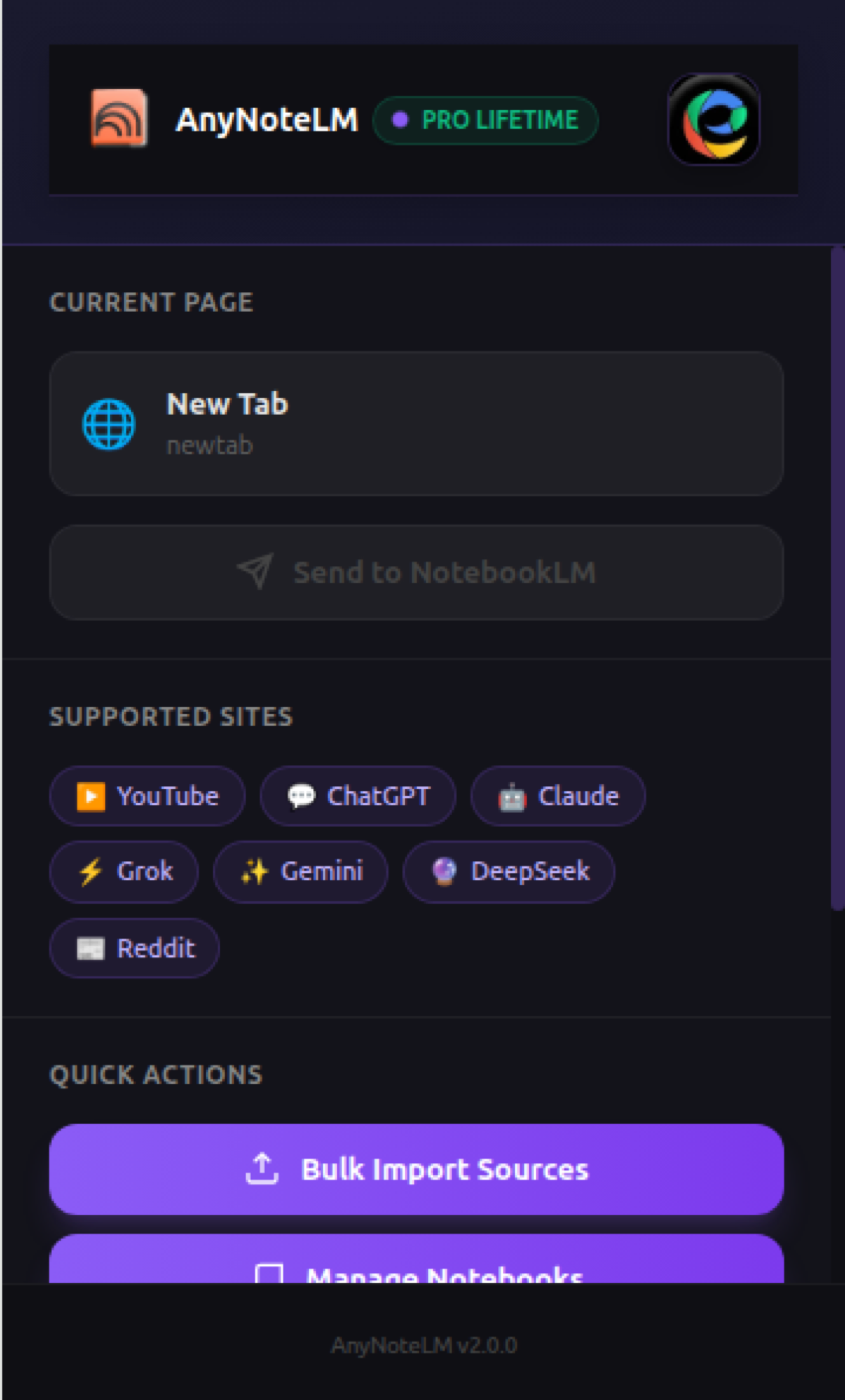 AnyNoteLM side panel showing the current page, the seven supported sites (YouTube, ChatGPT, Claude, Grok, Gemini, DeepSeek, Reddit), and quick action buttons