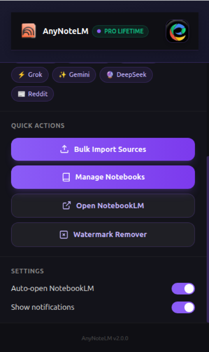 AnyNoteLM side panel showing Quick Actions for bulk import, notebook management and a watermark remover, plus toggle settings for auto-open and notifications