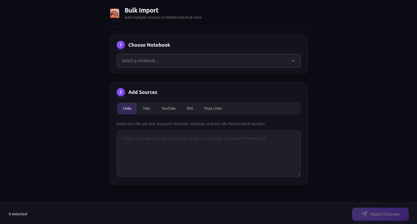 AnyNoteLM's Bulk Import screen with a notebook selector and a source list supporting pasted links, open tabs, YouTube, RSS and page links