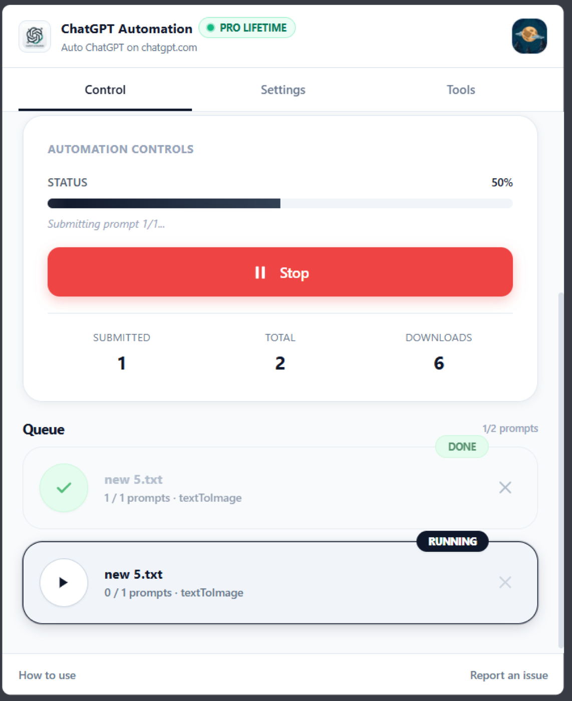 ChatGPT Automation side panel mid-run at 50% progress, with a Stop button and a job queue showing one file marked DONE and the next RUNNING
