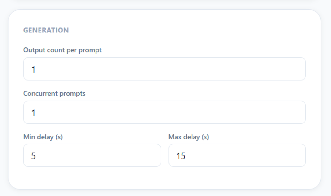 ChatGPT Automation Settings tab showing output count per prompt, concurrent prompts, and minimum/maximum delay controls