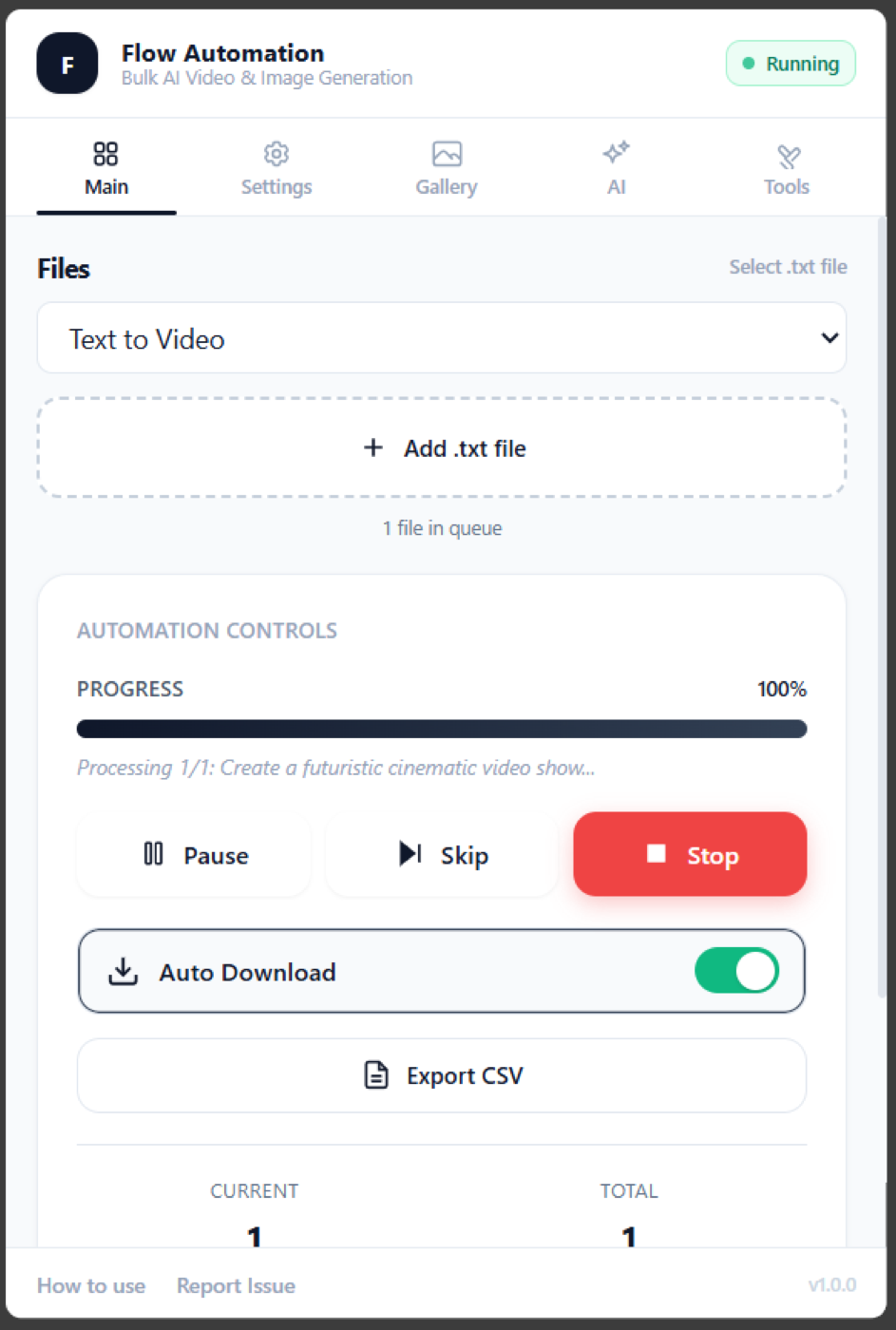 Flow Automation side panel showing the Main tab with Text to Video mode selected, a queued .txt file, and automation controls including Pause, Skip, Stop and Auto Download