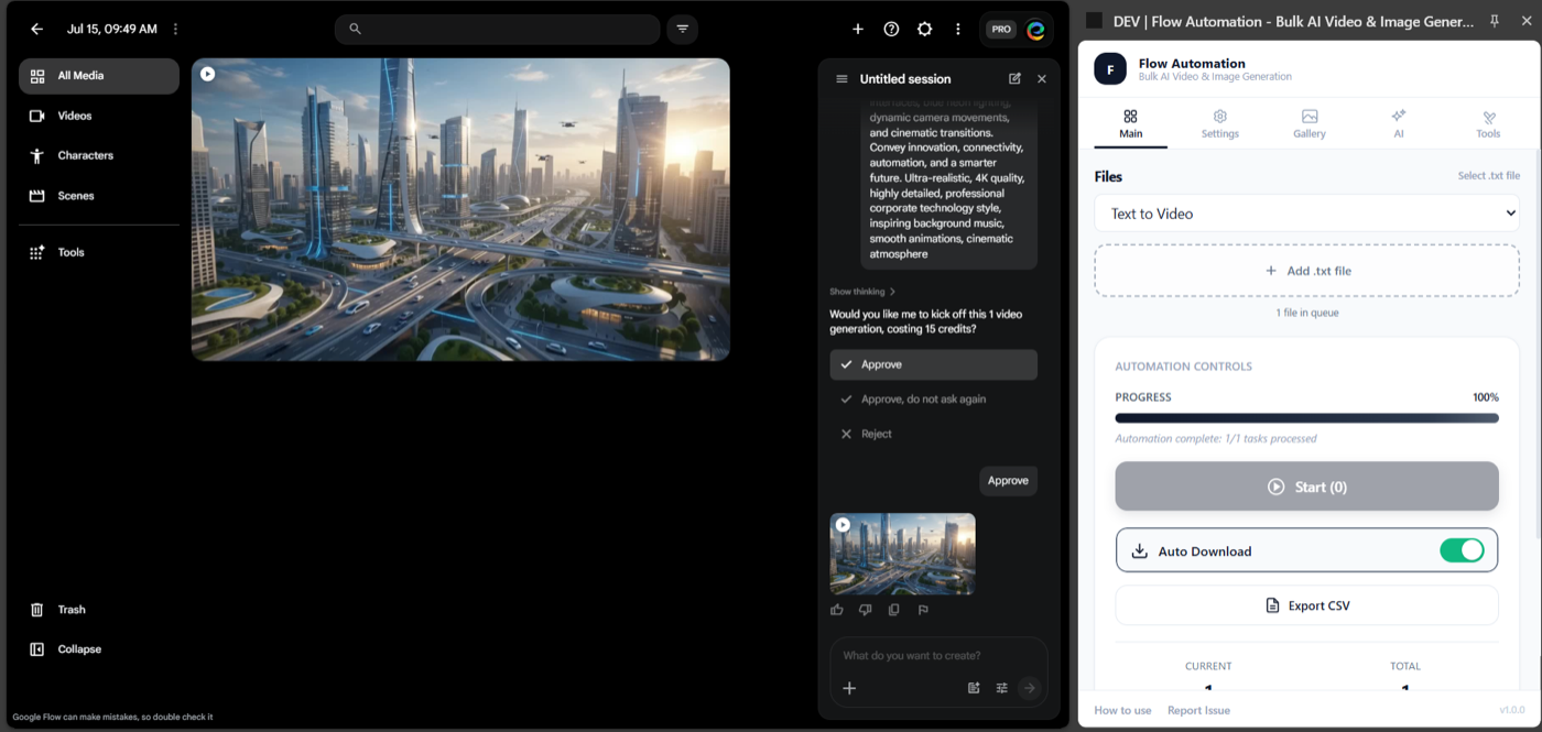 Flow Automation panel open beside Google Flow, auto-approving a video generation prompt of a futuristic city and showing the run complete with Auto Download enabled