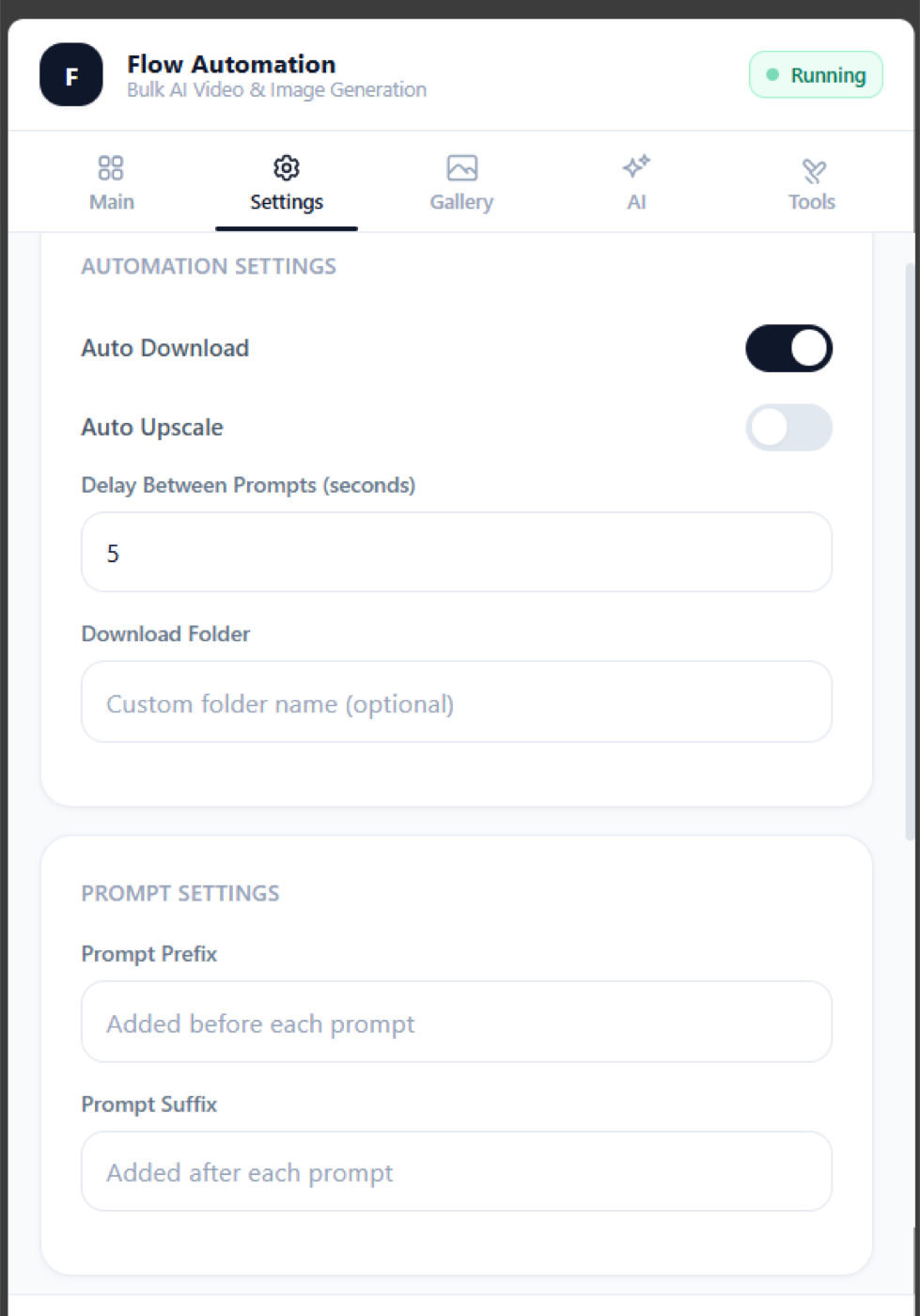Flow Automation Settings tab with Auto Download, Auto Upscale, delay between prompts, download folder, and prompt prefix/suffix fields