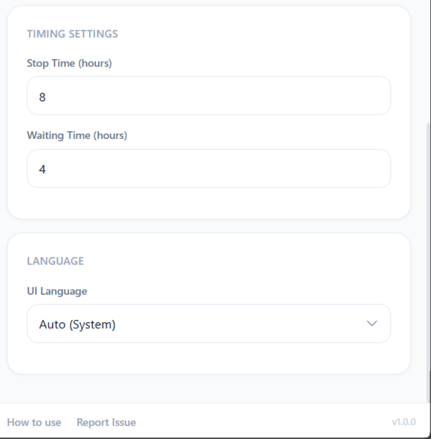 Flow Automation Settings tab showing stop time, waiting time, and UI language controls