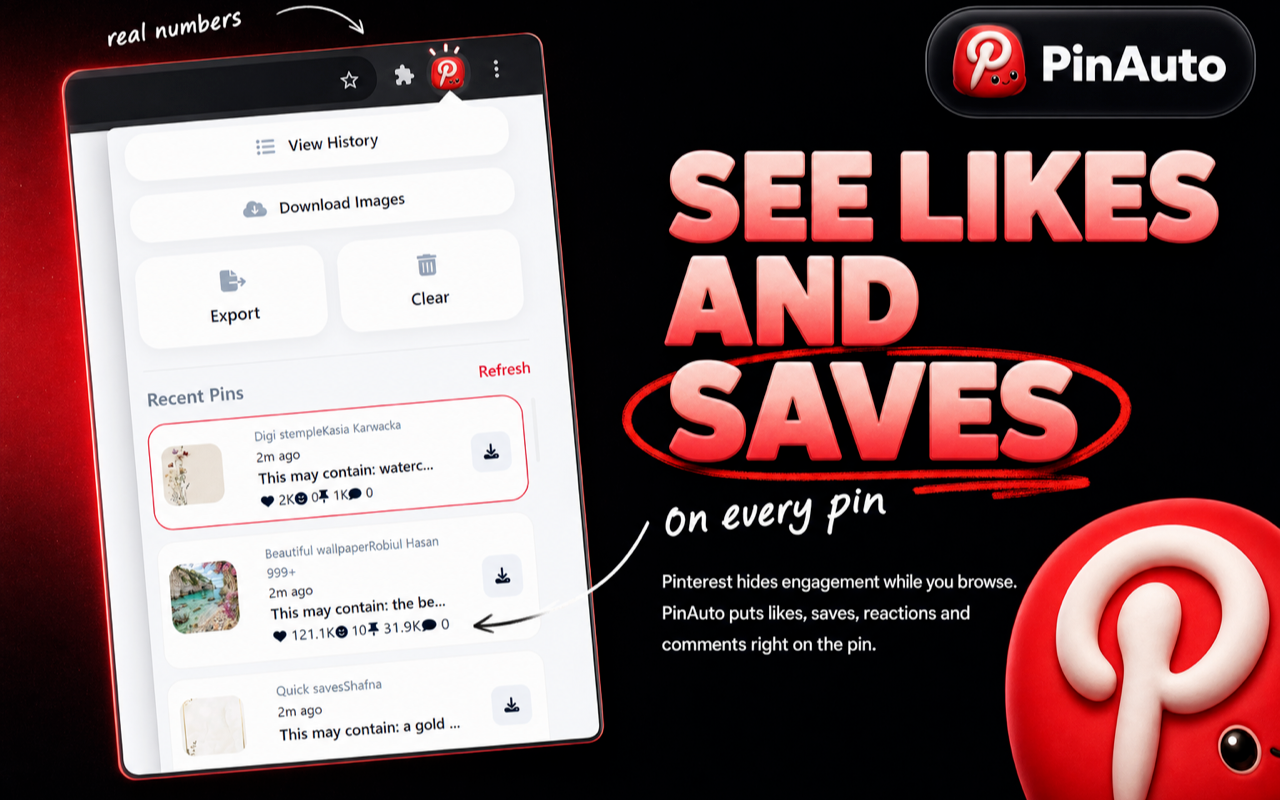 PinAuto Recent Pins history listing captured pins with their likes, saves, reactions and comment counts, next to Export and Download Images buttons
